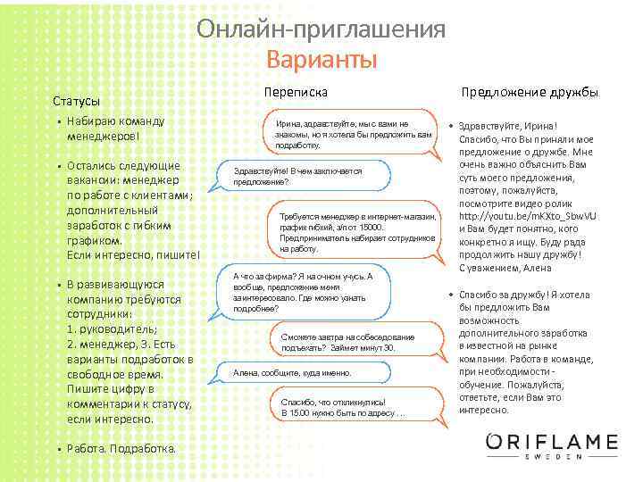 Онлайн-приглашения Варианты Статусы • Набираю команду менеджеров! • Остались следующие вакансии: менеджер по работе