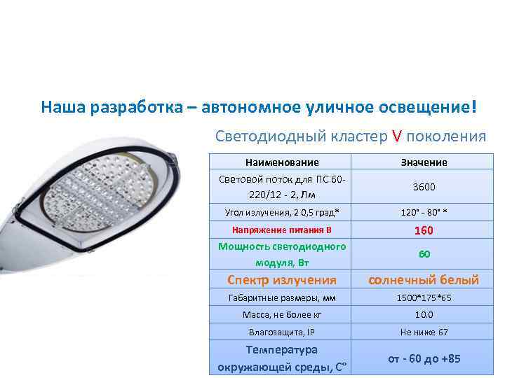 Наша разработка – автономное уличное освещение! Светодиодный кластер V поколения Наименование Значение Световой поток