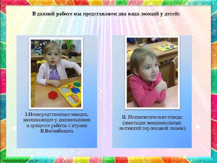 В данной работе мы представляем два вида эмоций у детей: I. Непосредственные эмоции, возникающие