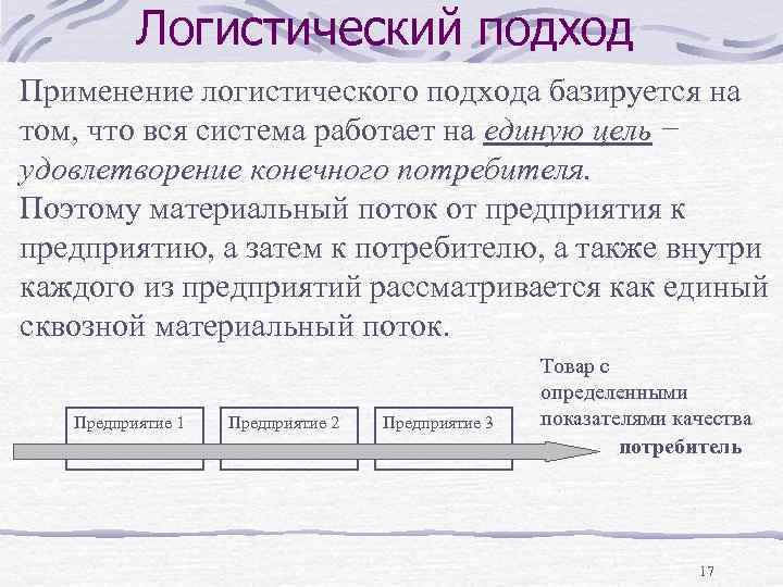 Логистический подход Применение логистического подхода базируется на том, что вся система работает на единую