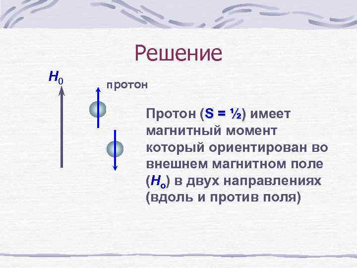 Решение H 0 протон Протон (S = ½) имеет магнитный момент который ориентирован во