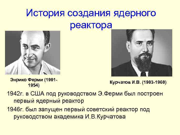 История создания ядерного реактора Энрико Ферми (19011954) Курчатов И. В. (1903 -1960) 1942 г.