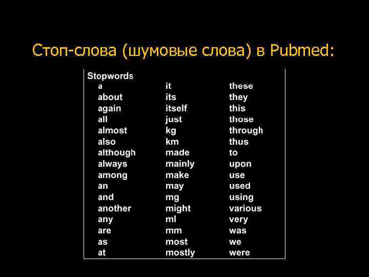 Стоп-слова (шумовые слова) в Pubmed: 
