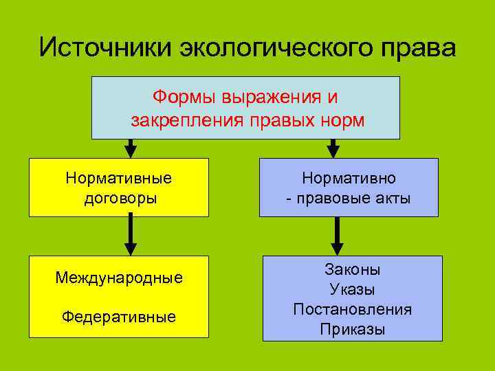 Источники экологического права Формы выражения и закрепления правых норм Нормативные договоры Нормативно - правовые