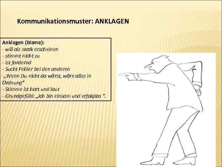 Kommunikationsmuster: ANKLAGEN Anklagen (blame): - will als stark erscheinen - stimmt nicht zu -