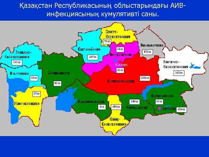 Қазақстан Республикасының облыстарындағы АИВинфекциясының кумулятивті саны. 73 cл 69 cл 832 cл 297 cл