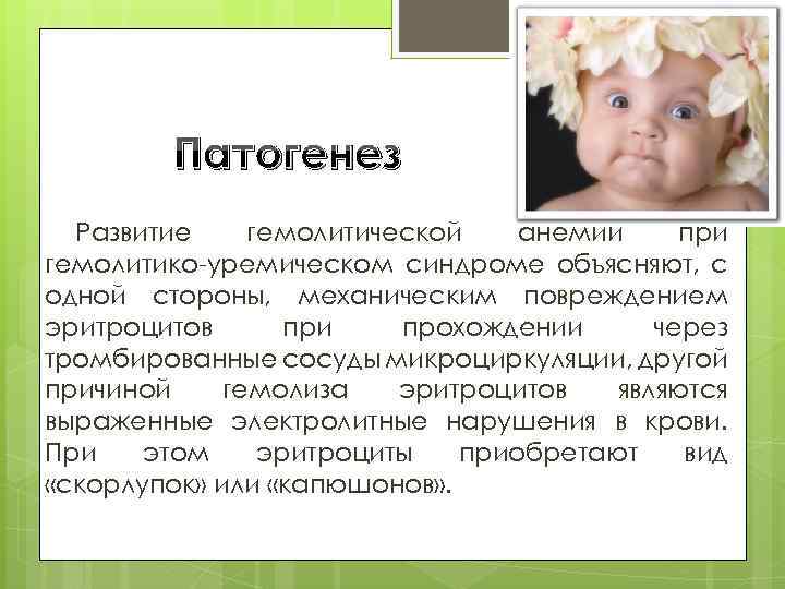 Патогенез Развитие гемолитической анемии при гемолитико-уремическом синдроме объясняют, с одной стороны, механическим повреждением эритроцитов