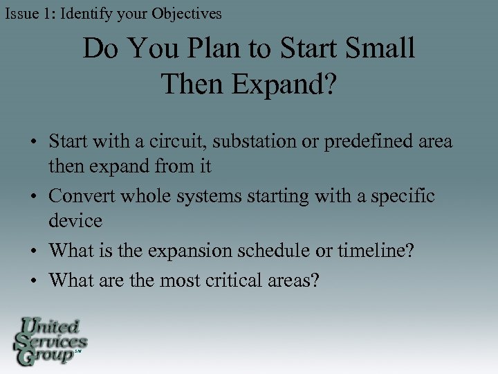 Issue 1: Identify your Objectives Do You Plan to Start Small Then Expand? •
