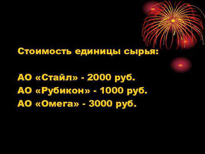 Стоимость единицы сырья: АО «Стайл» - 2000 руб. АО «Рубикон» - 1000 руб. АО