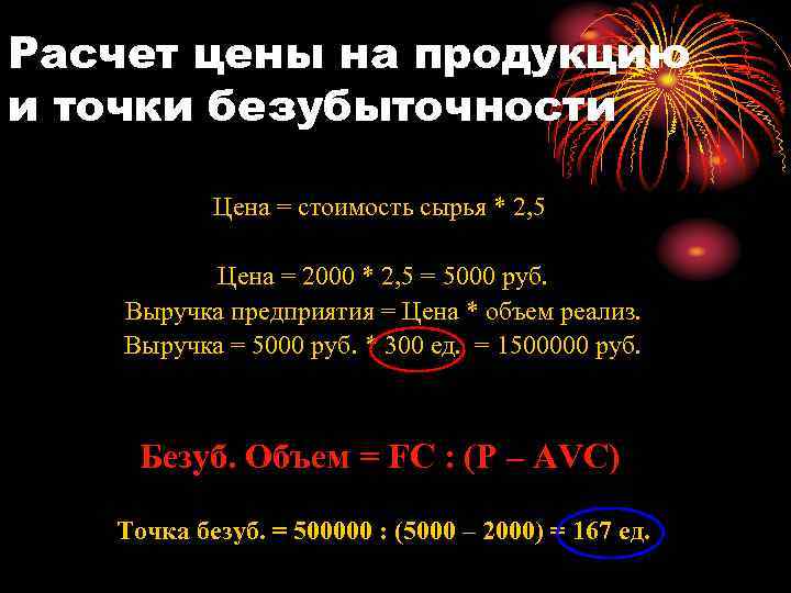 Расчет цены на продукцию и точки безубыточности Цена = стоимость сырья * 2, 5
