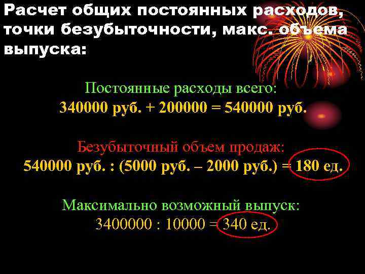 Расчет общих постоянных расходов, точки безубыточности, макс. объема выпуска: Постоянные расходы всего: 340000 руб.