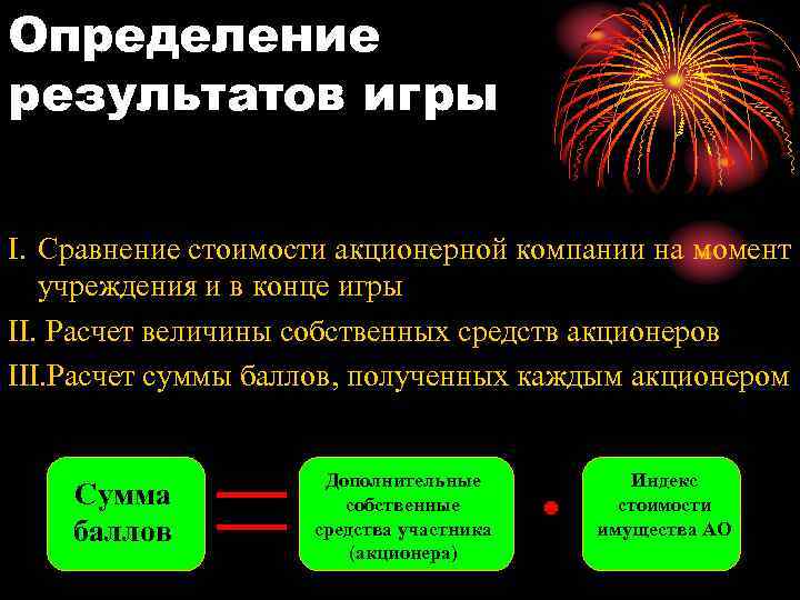 Определение результатов игры I. Сравнение стоимости акционерной компании на момент учреждения и в конце