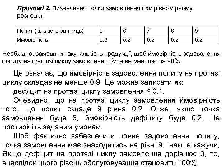 Приклад 2. Визначення точки замовлення при рівномірному розподілі Попит (кількість одиниць) 5 6 7