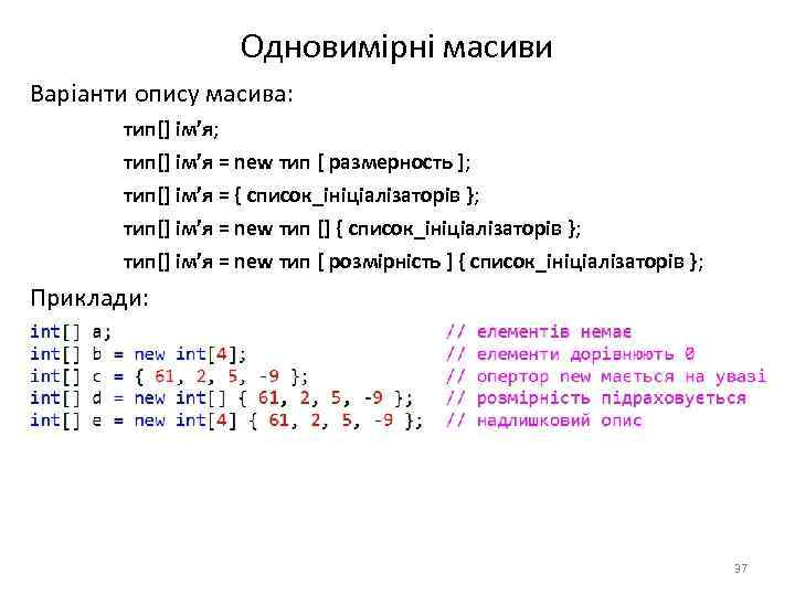 Одновимірні масиви Варіанти опису масива: тип[] ім’я; тип[] ім’я = new тип [ размерность