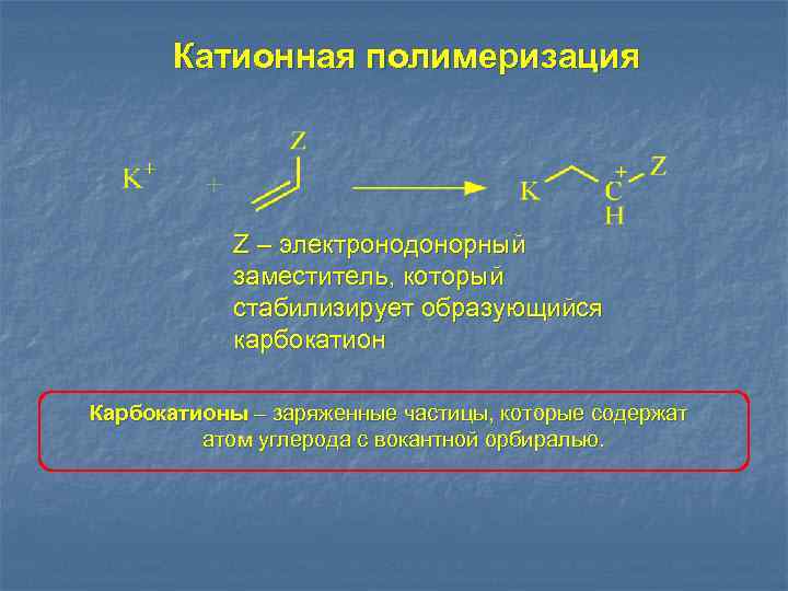 Катионная полимеризация Z – электронодонорный заместитель, который стабилизирует образующийся карбокатион Карбокатионы – заряженные частицы,