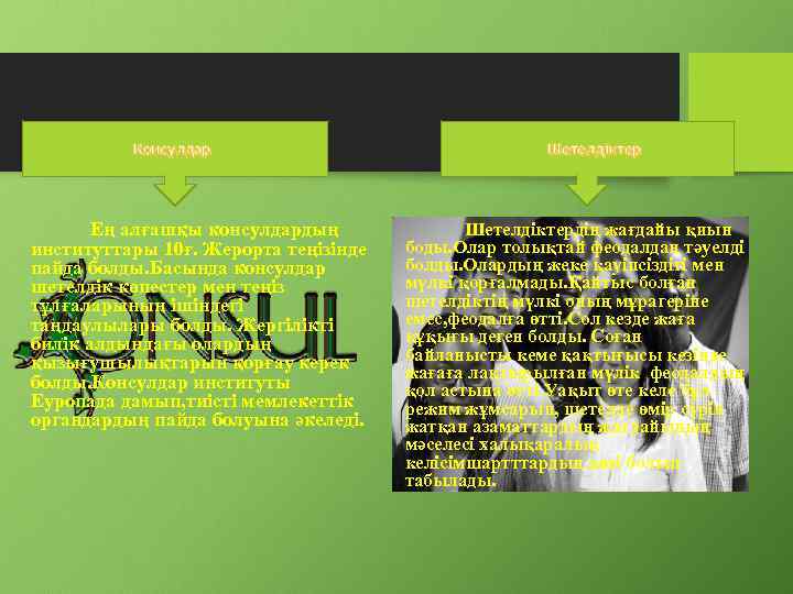 Консулдар Ең алғашқы консулдардың институттары 10ғ. Жерорта теңізінде пайда болды. Басында консулдар шетелдік көпестер