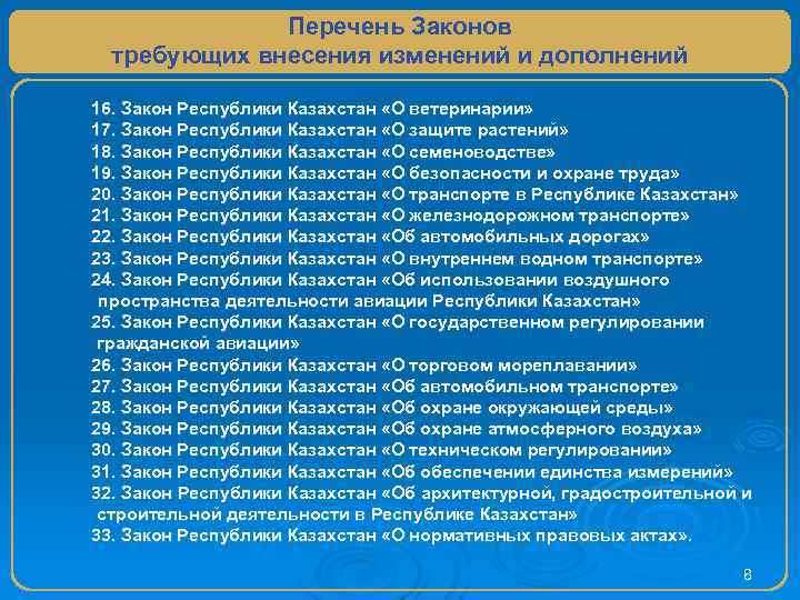 Перечень Законов требующих внесения изменений и дополнений 16. Закон Республики Казахстан «О ветеринарии» 17.
