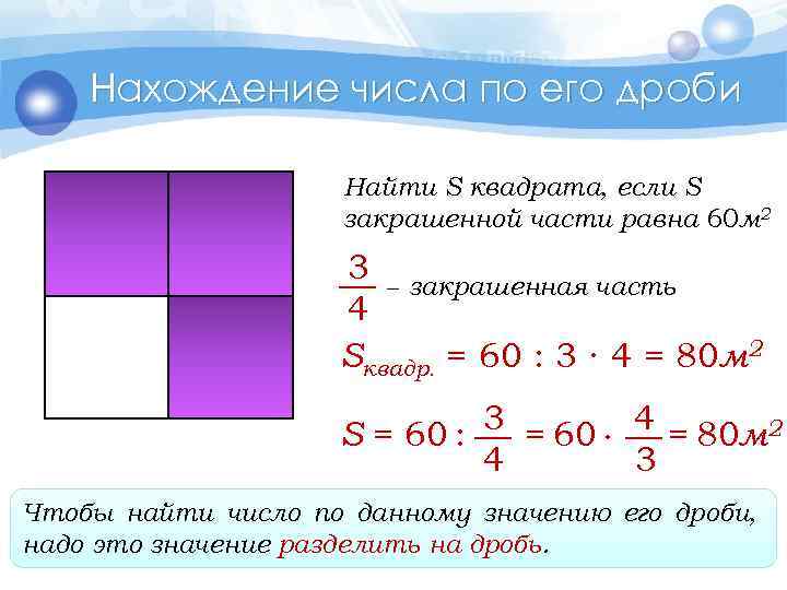 Нахождение числа по его дроби Найти S квадрата, если S закрашенной части равна 60