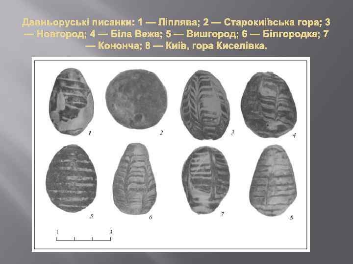 Давньоруські писанки: 1 — Ліплява; 2 — Старокиївська гора; 3 — Новгород; 4 —