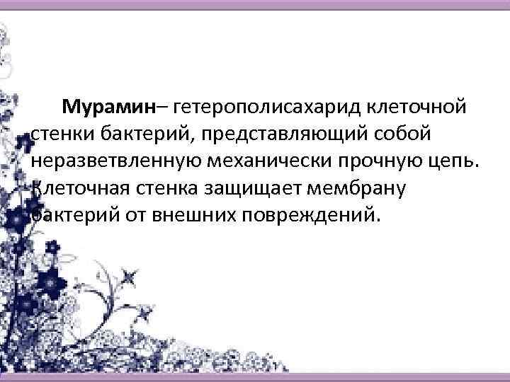  Мурамин– гетерополисахарид клеточной стенки бактерий, представляющий собой неразветвленную механически прочную цепь. Клеточная стенка