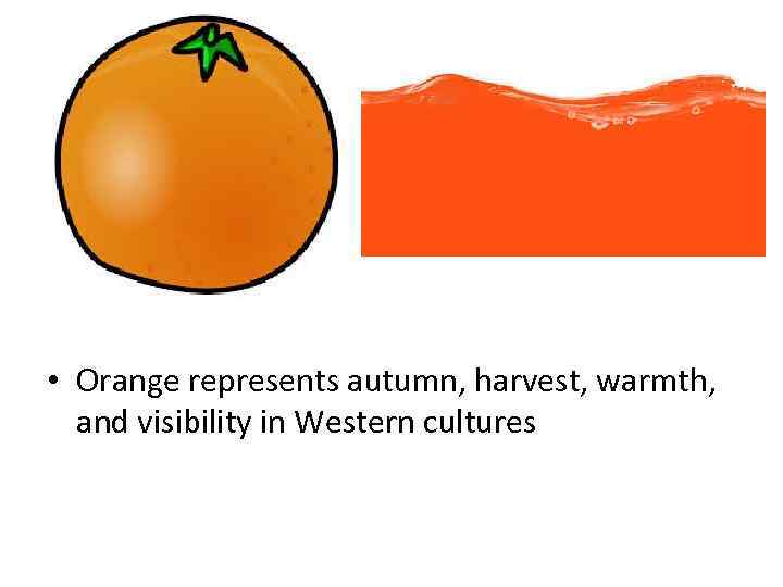  • Orange represents autumn, harvest, warmth, and visibility in Western cultures 