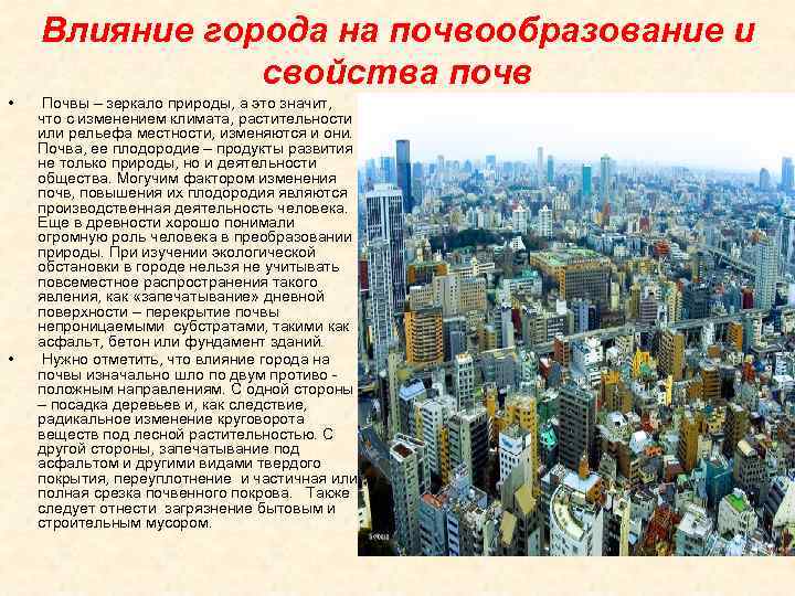 Влияние города на почвообразование и свойства почв • • Почвы – зеркало природы, а