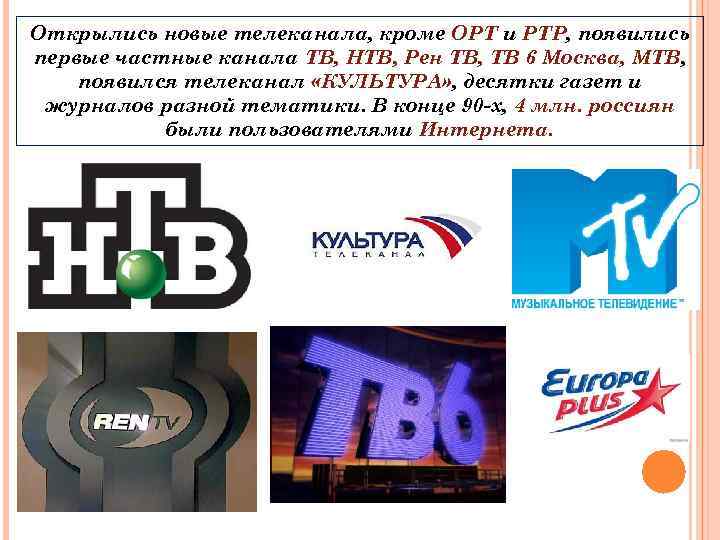 Открылись новые телеканала, кроме ОРТ и РТР, появились первые частные канала ТВ, НТВ, Рен