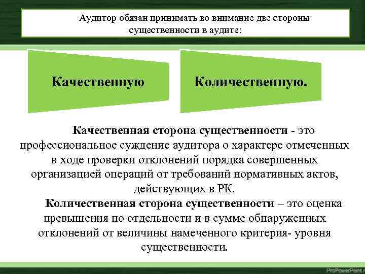 Аудитор обязан принимать во внимание две стороны существенности в аудите: Качественную Количественную. Качественная сторона