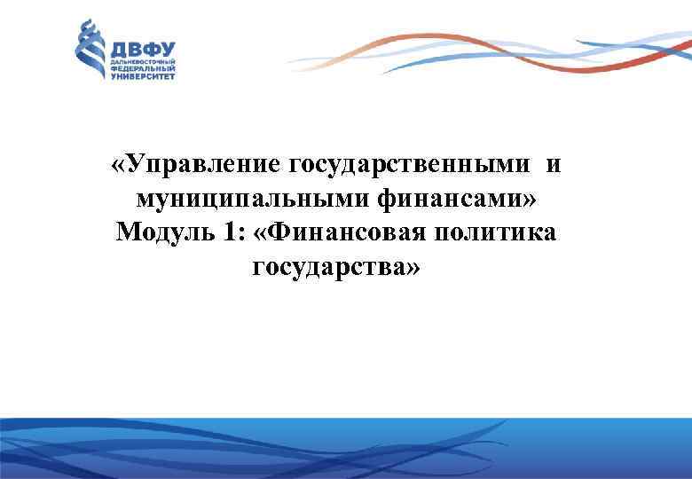  «Управление государственными и муниципальными финансами» Модуль 1: «Финансовая политика государства» 