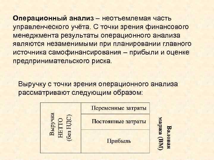 Операционный анализ – неотъемлемая часть управленческого учёта. С точки зрения финансового менеджмента результаты операционного