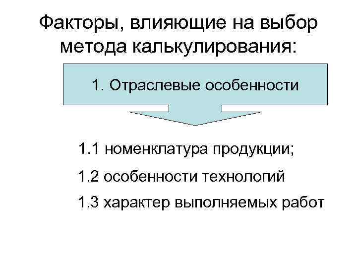 Факторы, влияющие на выбор метода калькулирования: 1. Отраслевые особенности 1. 1 номенклатура продукции; 1.