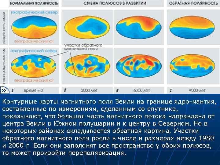 Контурные карты магнитного поля Земли на границе ядро-мантия, составленные по измерениям, сделанным со спутника,