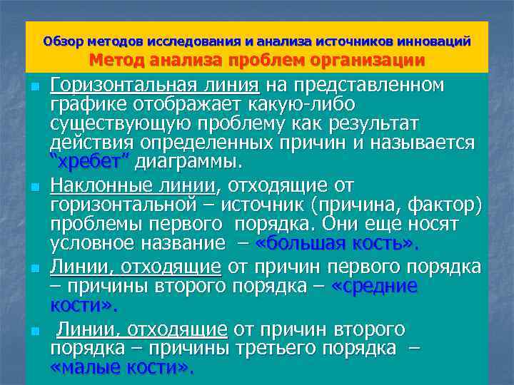 Обзор методов исследования и анализа источников инноваций Метод анализа проблем организации n n Горизонтальная