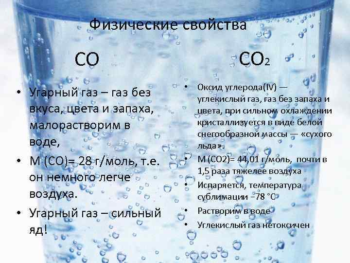 Физические свойства CO • Угарный газ – газ без вкуса, цвета и запаха, малорастворим