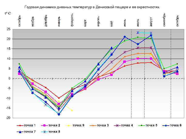 Годовая динамика дневных температур в Денисовой пещере и ее окрестностях t° C Годовая динамика