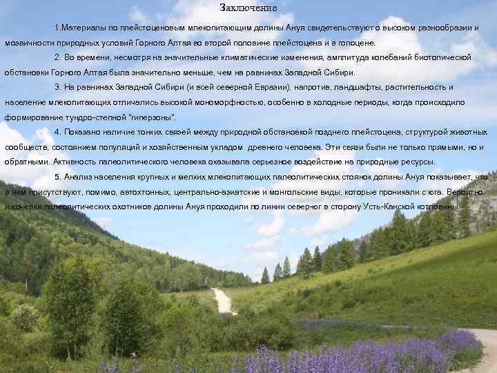 Заключение 1. Материалы по плейстоценовым млекопитающим долины Ануя свидетельствуют о высоком разнообразии и мозаичности