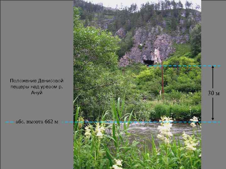 Положение Денисовой пещеры над урезом р. Ануй абс. высота 662 м 30 м 