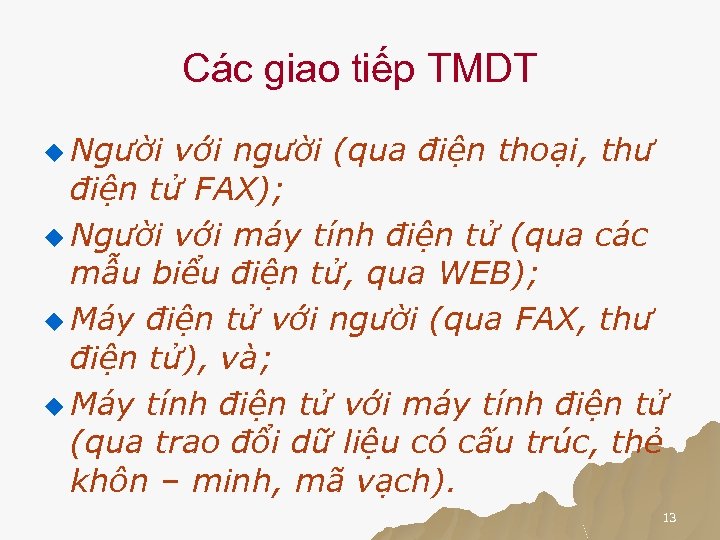 Các giao tiếp TMDT u Người với người (qua điện thoại, thư điện tử