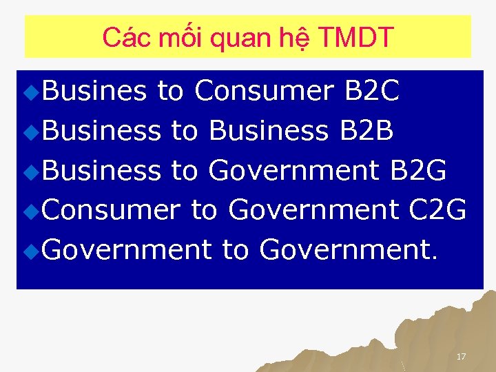 Các mối quan hệ TMDT u. Busines to Consumer B 2 C u. Business