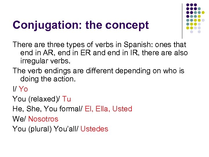 Conjugation: the concept There are three types of verbs in Spanish: ones that end