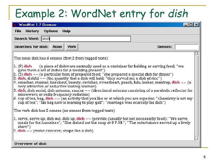 Example 2: Word. Net entry for dish 8 