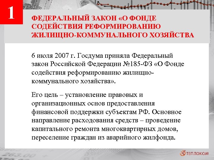 1 ФЕДЕРАЛЬНЫЙ ЗАКОН «О ФОНДЕ СОДЕЙСТВИЯ РЕФОРМИРОВАНИЮ ЖИЛИЩНО-КОММУНАЛЬНОГО ХОЗЯЙСТВА 6 июля 2007 г. Госдума