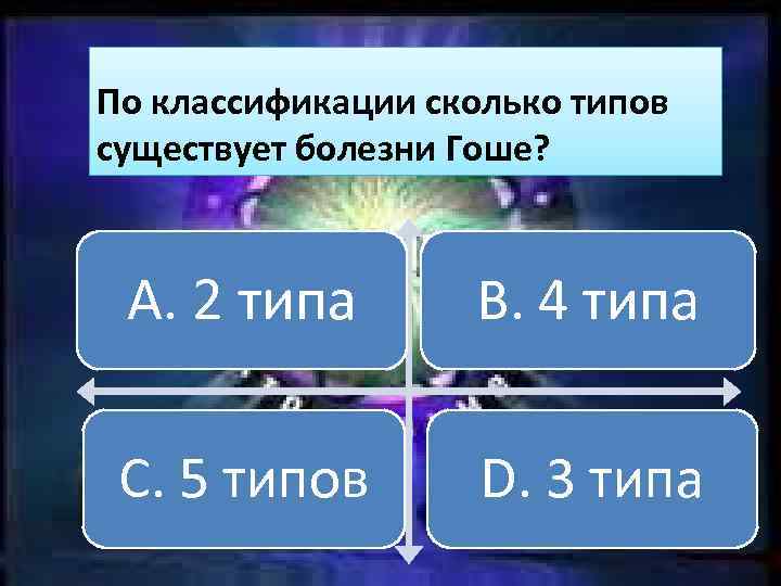 По классификации сколько типов существует болезни Гоше? A. 2 типа B. 4 типа C.