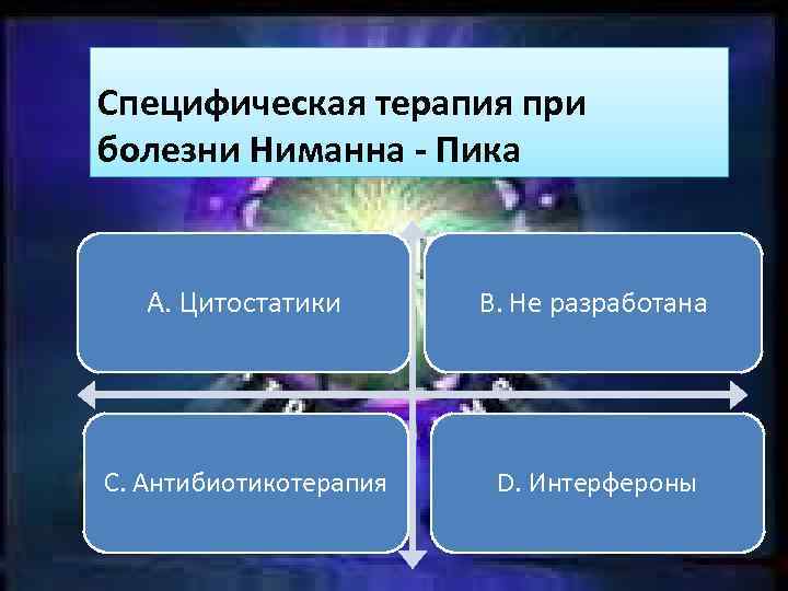 Специфическая терапия при болезни Ниманна - Пика A. Цитостатики B. Не разработана C. Антибиотикотерапия