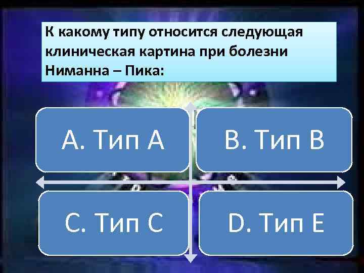 К какому типу относится следующая клиническая картина при болезни Ниманна – Пика: A. Тип