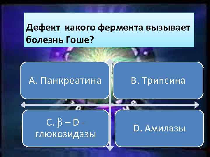 Дефект какого фермента вызывает болезнь Гоше? A. Панкреатина B. Трипсина C. β – D