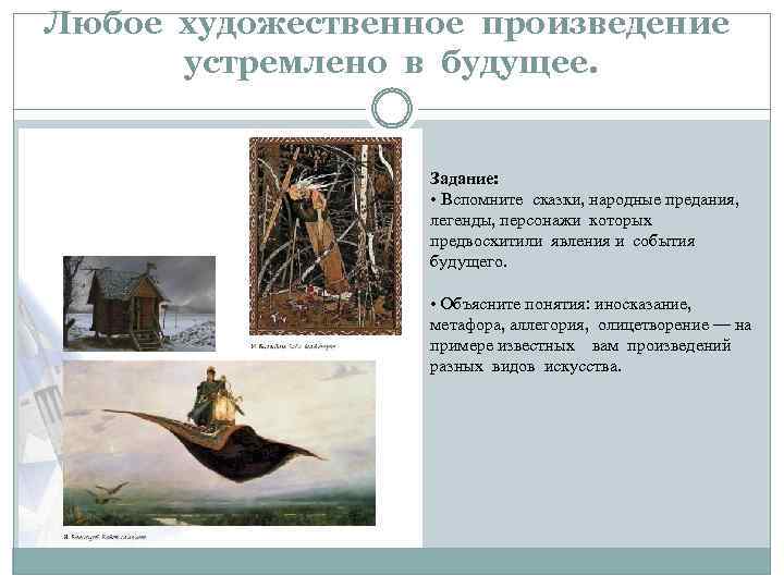 Любое художественное произведение устремлено в будущее. Задание: • Вспомните сказки, народные предания, легенды, персонажи