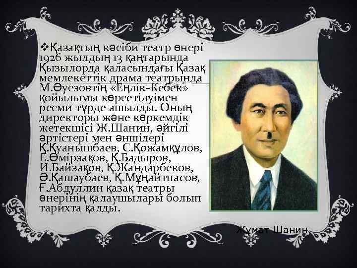 vҚазақтың кәсіби театр өнері 1926 жылдың 13 қаңтарында Қызылорда қаласындағы Қазақ мемлекеттік драма театрында
