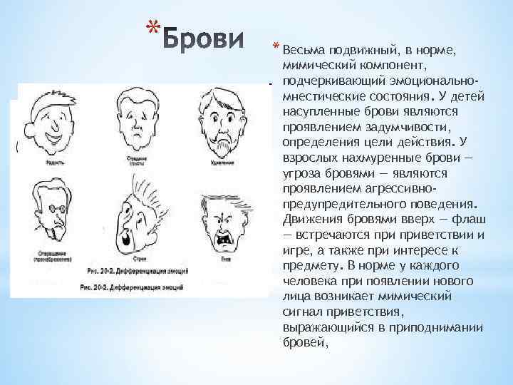 * * Весьма подвижный, в норме, мимический компонент, подчеркивающий эмоциональномнестические состояния. У детей насупленные