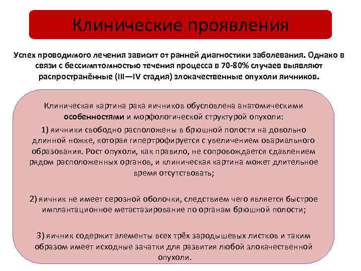 Клинические проявления Успех проводимого лечения зависит от ранней диагностики заболевания. Однако в связи с